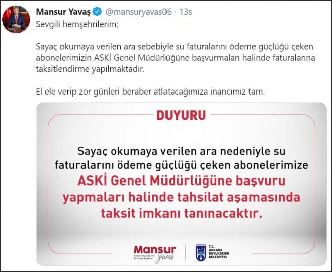 Mansur Yavaş tan Ankaralılara fatura müjdesi