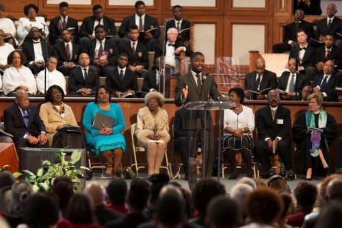 Actor and activist Oyelowo, who portrays Martin Luther King Jr. in the movie "Selma" addresses the audience during The King Center's 47th Annual Martin Luther King Jr. Commemorative Service in Atlanta