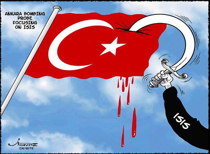  Makaleye eşlik eden karikatürde IŞİD'e ait bir el Türk Bayrağı'na hançer saplıyor.