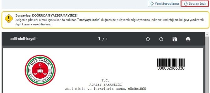 Adli Sicil Belgesi Çıktısı