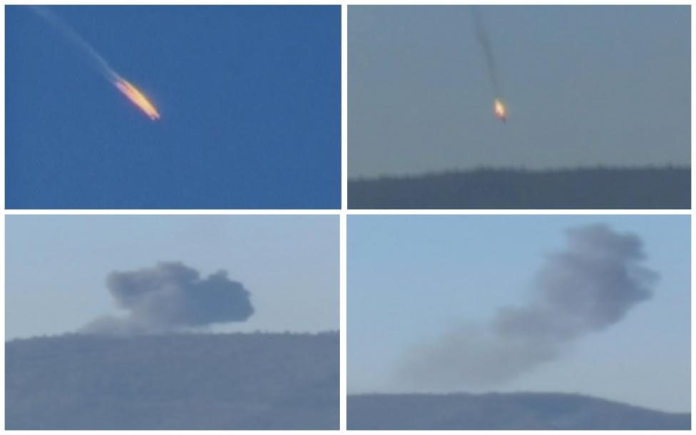 Combination frame grabs shows a war plane crashing in flames in a mountainous area in northern Syria after it was shot down by Turkish fighter jets near the Turkish-Syrian border