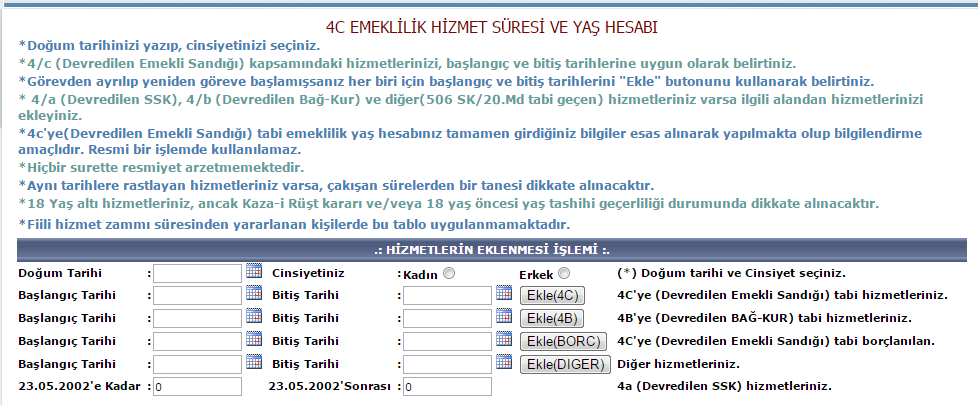4c emeklilik hizmet süresi hesaplama