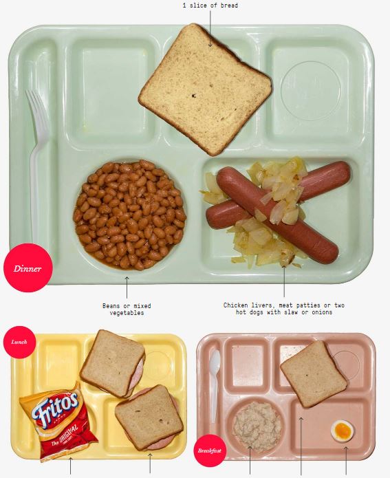 Kahvaltı: Yarım yumurta, yulaf ve bir dilim ekmek Öğle yemeği: iki sandviç ve bir paket patetes cipsi Akşam yemeğinde: Bir dilim ekmek, iki parça sosis ve pişmiş soğan, fasülye ya da sebze