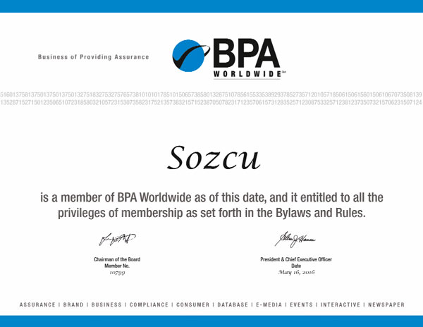 SÖZCÜ, BPA Worldwide’ın bir üyesidir. Kuruluşun içtüzüğü ve kurallarının öngördüğü kapsamda bütün imtiyazlara hak kazanmıştır.