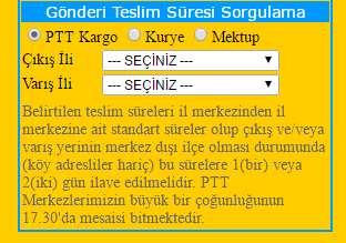 PTT Kargo Gönderi Süresi Hesaplama