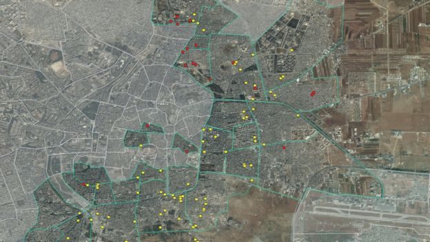 Halep'te 65 kilometrelik bir alanda, 110 noktayı gösteren harita.