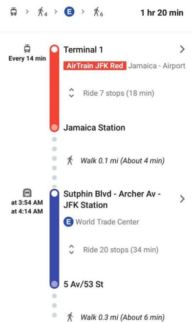JFK Havalimanı'ndan Manhattan Apple Store'a gidişi gösteren tren haritası