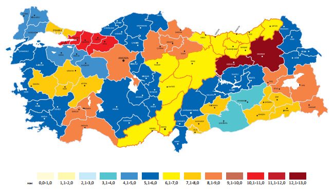 2011 yılında hazırlanan Türkiye Okuma Haritası, hangi ilin yılda ortalama kaç kitap okuduğunu gösteriyor. Kanyak: Kültür Bakanlığı