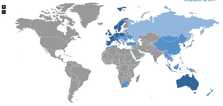 Haritada koyu maviyle gösterilen ülkelerde DAB yayını yapılıyor. Türkiye'nin de dahil olduğu açık maviler grubunda dijital radyo test yayınları yapılıyor. Turkuaz renkteki ülkeler ise test yayını yapma niyetini taşıyor. Kaynak: World DAB