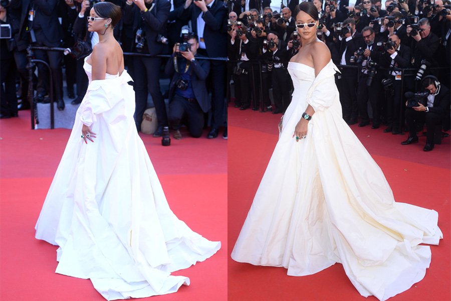 Rihanna, 70'nci Cannes Film Festivali'nin üçüncü günü Dior imzalı beyaz straplez bir elbise tercih etti. 