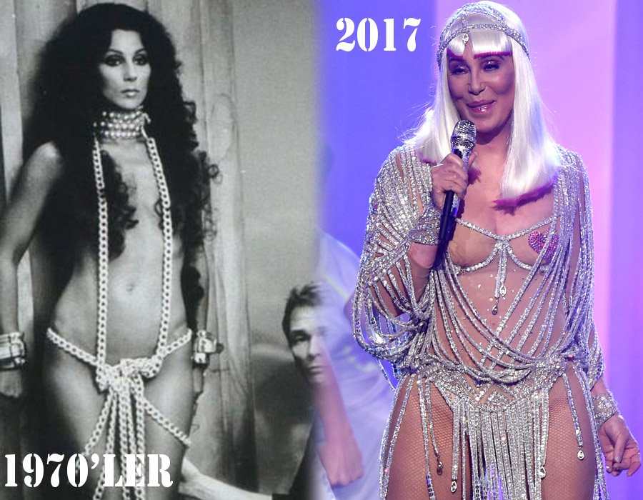 CHER: 71 yaşında olmasına rağmen cesur tarzından ödün vermeyen Cher için seksilik her zaman ön planda oldu. 1970'lerdeki ve 2017'deki fotoğraflarına baktığınızda bunu açıkça görebiliyorsunuz. Stil aynı...