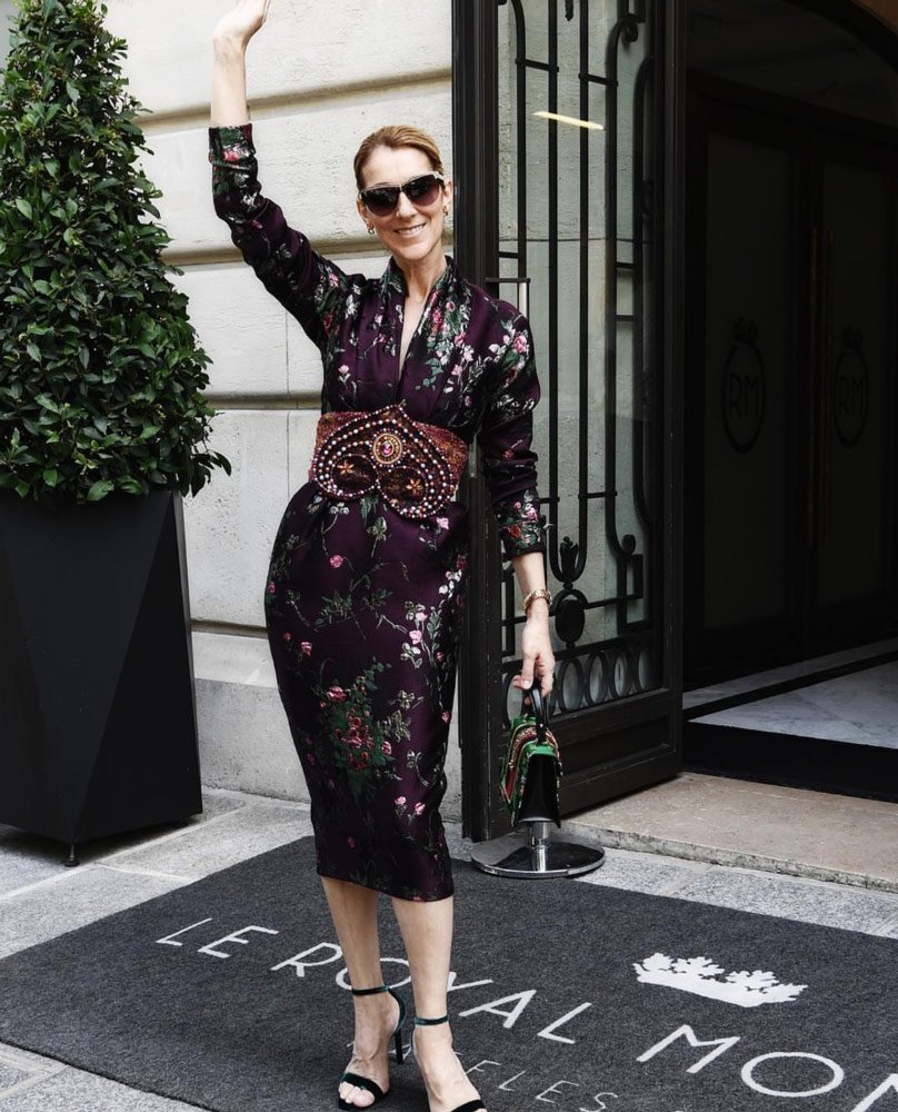 Celine Dion'un üzerindeki elbise ve kemer Reem Acra. Ayakkabılar YSL, çanta ise Gucci marka...
