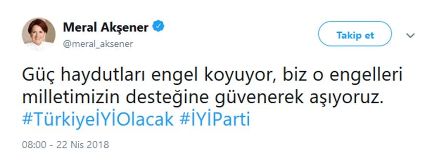 Akşener'in Twitter'dan paylaştığı mesaj.