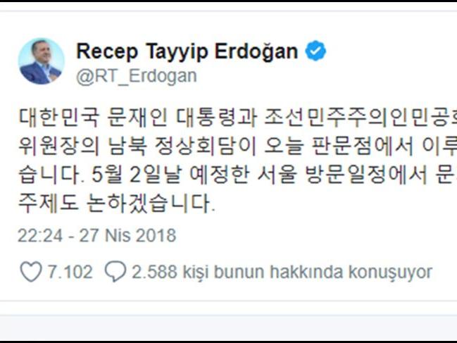 Cumhurbaşkanı Erdoğan'dan Korece tweet