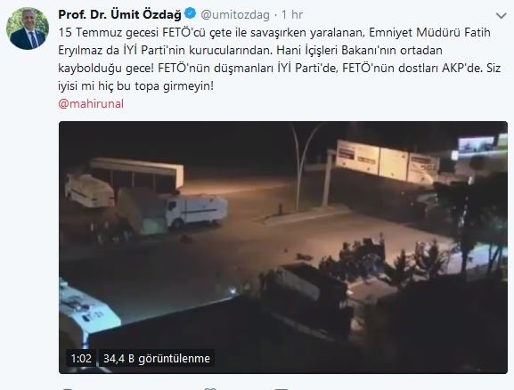 İYİ Partili Ümit Özdağ'ın Mahirt Ünal'a gönderdiği tweet. 