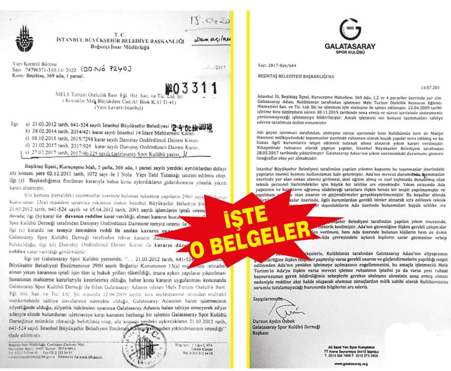 Boğaziçi İmar Müdürlüğü’ne yıkım için gönderilen belge. Beşiktaş Belediyesi’ne Dursun Özbek imzalı gönderilen yazı.