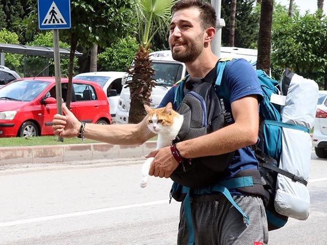 Göğsündeki kedisiyle otostop çekip Türkiye'yi dolaşıyor