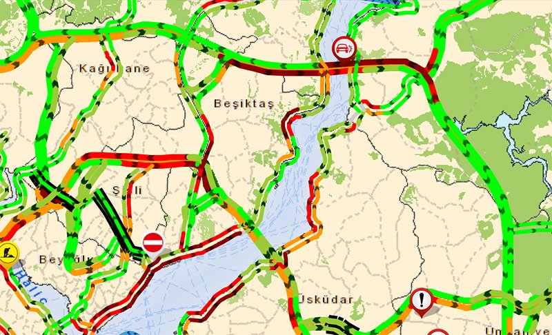 İstanbul Büyük Şehir Belediyesi'nin trafik yoğunluk haritasında FSM her iki yöönde kırmızya döndü
