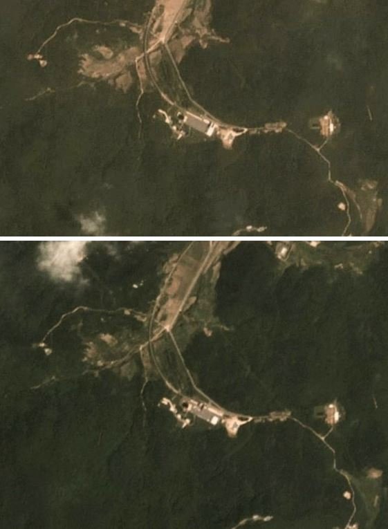 22 Haziran 2018'de çekilen fotoğraf (üstte) ile 22 Temmuz 2018'de çekilen fotoğrafta bazı yapıların söküldüğü ve imha edildiği görülüyor. Görüntüler Sohae roket fırlatıcının bulunduğu konumda.