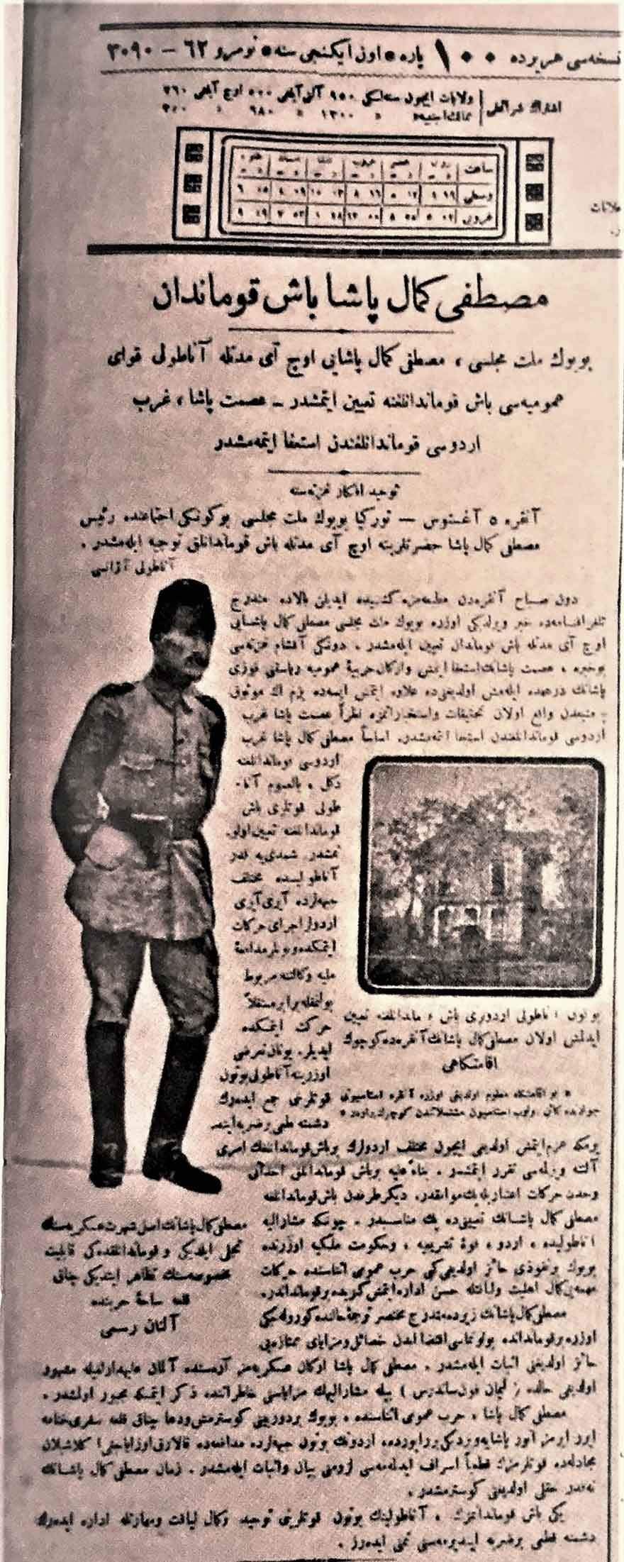‘Mustafa Kemal Paşa Başkumandan’ başlıklı haber. (Tevhid-i Efkar, 9 Ağustos 1921) 
