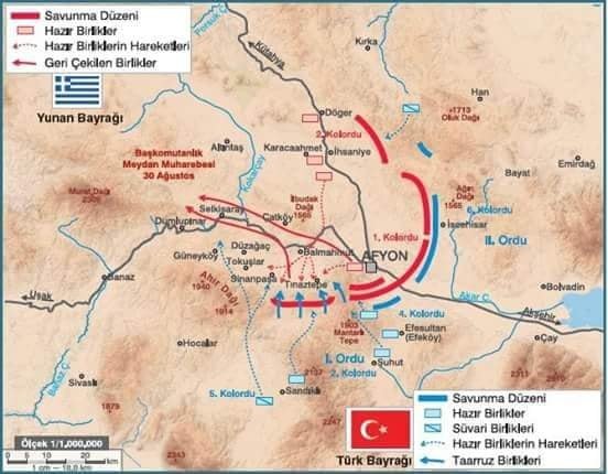 4- Büyük Taarruz ve Başkumandanlık Savaşı haritası Mavi Kuvvetler : Türk Ordusu, Kırmızı Kuvvetler : Yunan Ordusu
