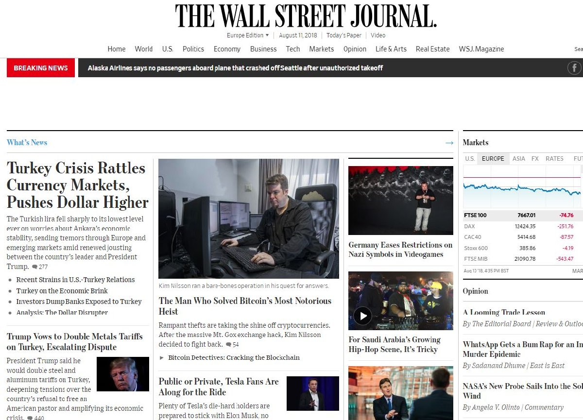 Wall Street Journal, TL'deki değer kaybının bütün piyasaları etkilediğini okuyucularına duyurdu.