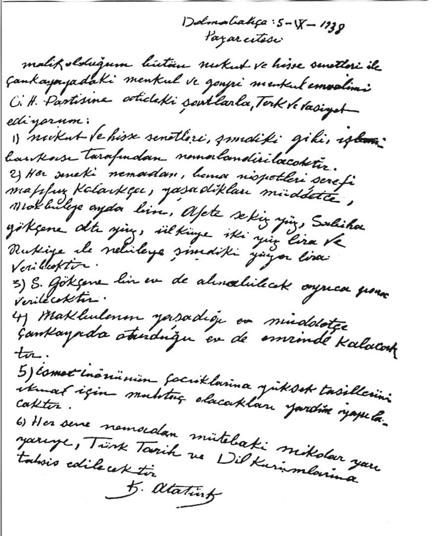 Atatürk’ün el yazısıyla kaleme aldığı vasiyeti. (5 Eylül 1938)