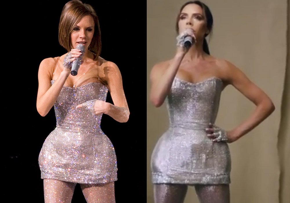 Victoria Beckham, 2007 yılında Spice Girls ile çıktığı turnede gümüş, ışıltılı bir elbise giymişti. (solda)