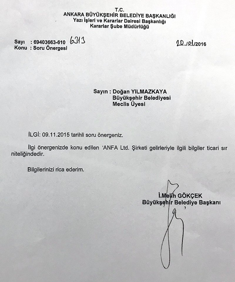 Yılmazkaya'nın sorusuna Gökçek imzalı yanıt. Foto: Sözcü