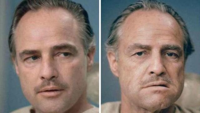 Godftaher filminde rol alan Marlon Brando'nun makyajlı ve makyajsız hali