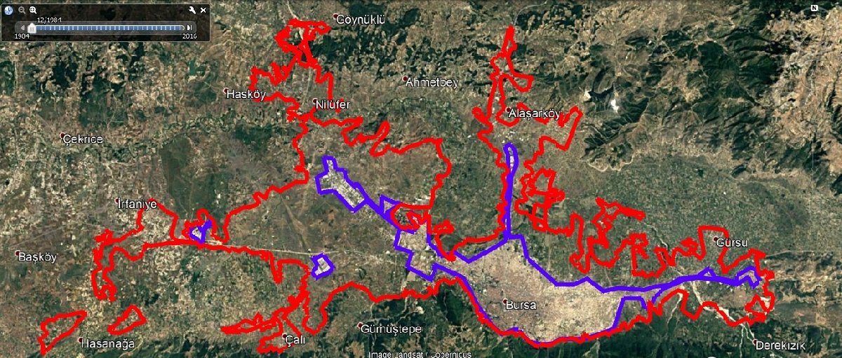 Kırmızı çizgi 2018 yılı yerleşim sınırı, mavi çizgi ise 1984 yılına ait sınır / SÖZCÜ