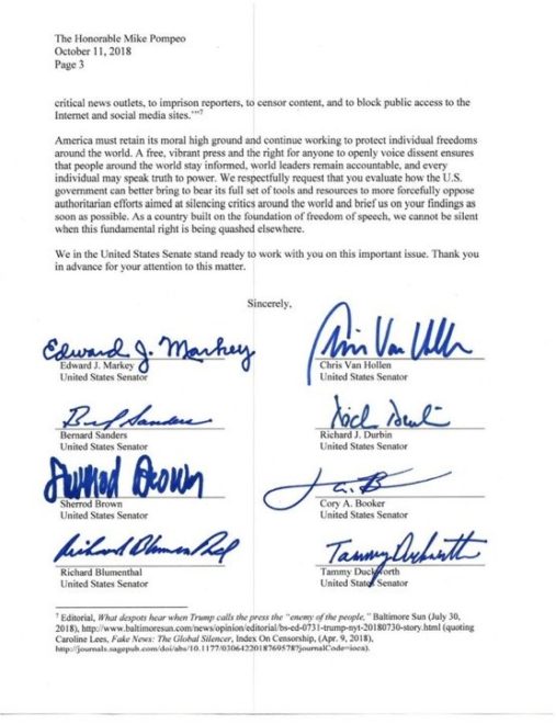 Senatörler mektubun altına imzalarını attı. 