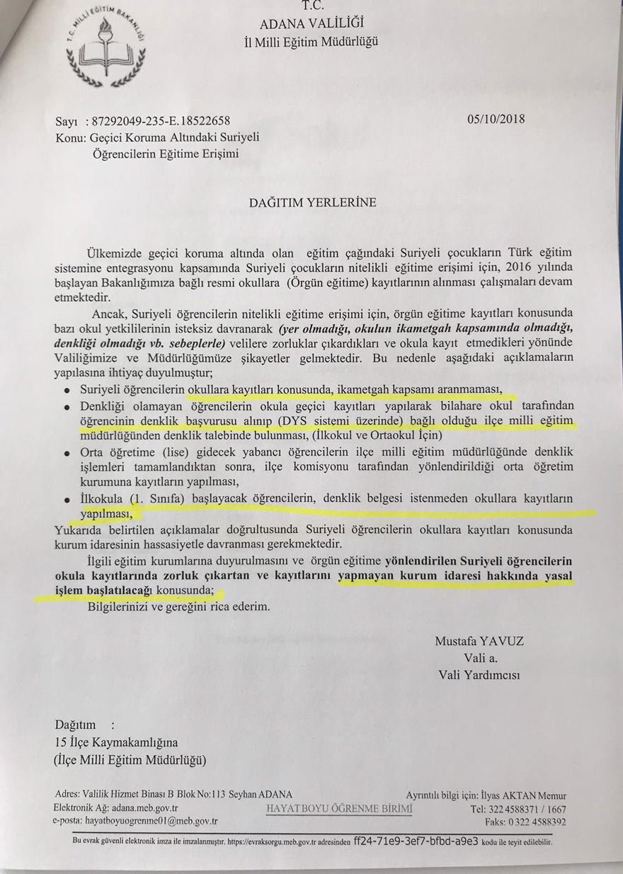 İŞTE O TALİMAT Adana Vali Yardımcısı Yavuz’un yazısı, kaymakamlıklar aracılığı ile kentteki tüm okullara dağıtıldı. 