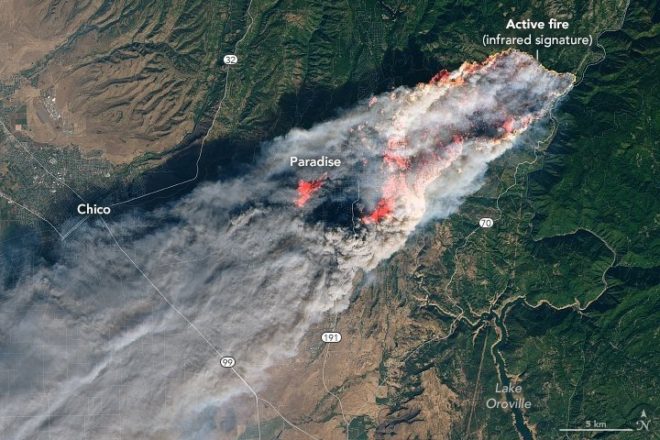 Yangından en çok etkilenen Paradise kasabasının uydu görüntüsü.