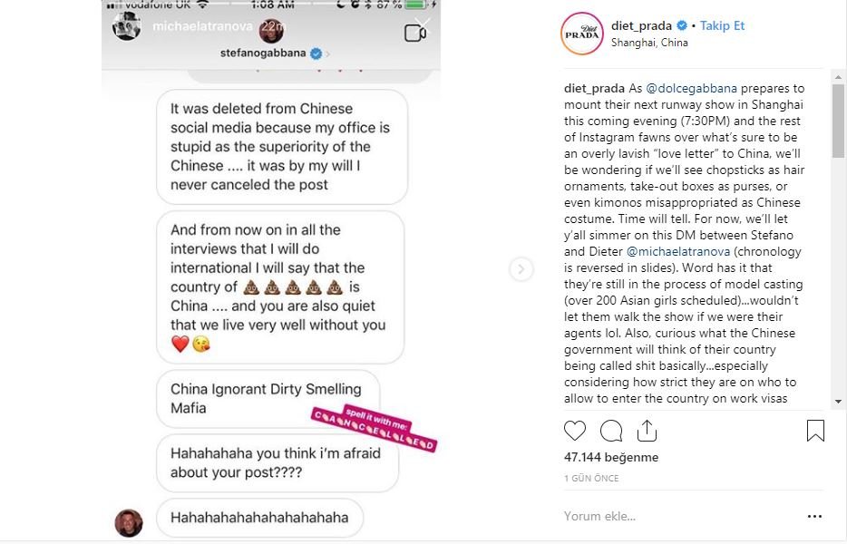 Diet Prada hesabı Gabbana'nın konuşmalarını yayınladı...
