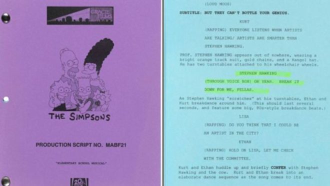 Çizgi dizi Simpsonlar'ın, Hawking'den bahsettiği bölümünün senaryosu. 