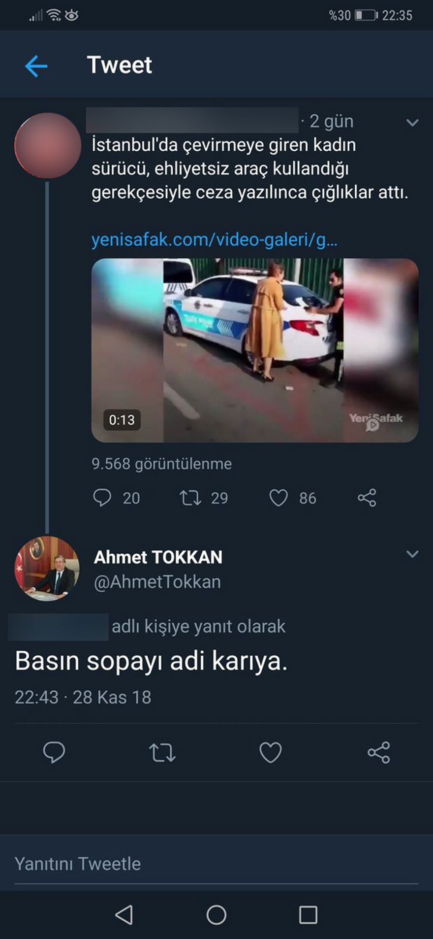 Tokkan'ın sosyal medyadaki hakaret içeren sözleri vatandaşlardan tepki çekti. 