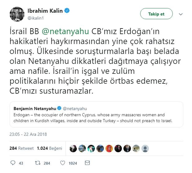 İbrahim Kalın sosyal medya hesabından hem Türkçe hem de İngilizce olarak Netanyahu'ya yanıt verdi.