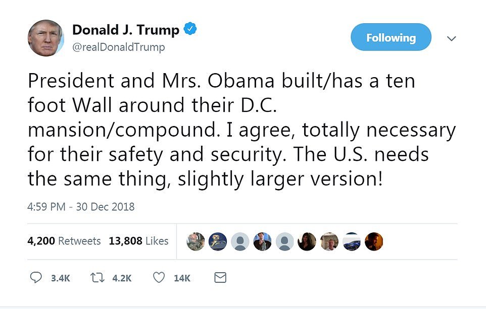 Trump, Twitter üzerinden Obama ailesini iğneleyerek, "Onlar güvenliği için evlerinin etrafına duvar örüyor. Aynısını ABD için ben de istiyorum" ifadesini kullandı.