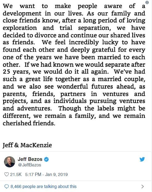 Bezos, açıklamayı Twitter hesabından duyurdu.