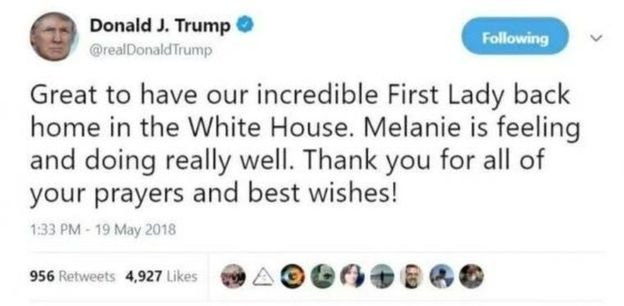 Trump'ın First Lady'nin adını yanlış yazdığı tweet.