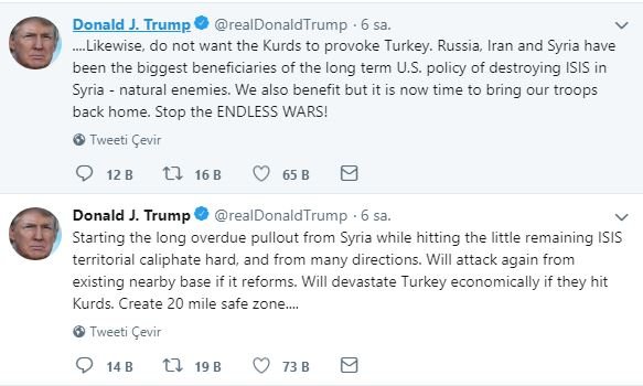 Twitter'ın karakter sınırlaması yüzünden Trump, mesajını iki farklı tweet ile paylaştı.