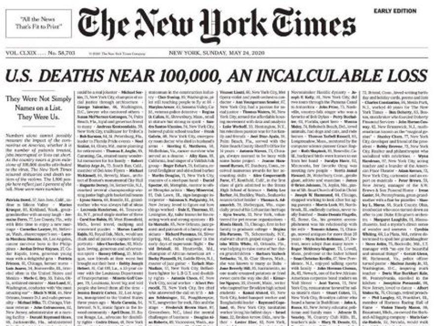 Ünlü gazete New York Times'tan çarpıcı corona birinci sayfası